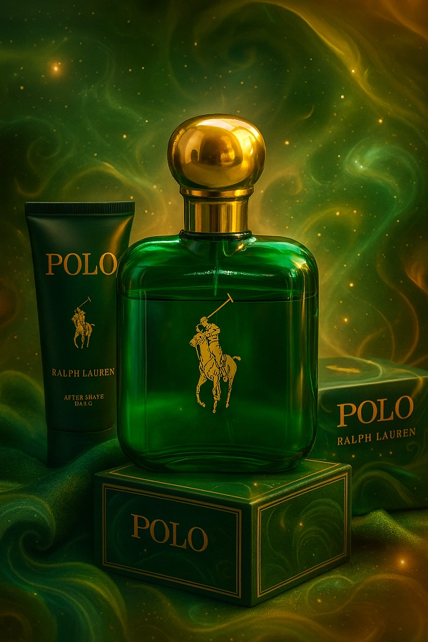 Visuel publicitaire premium du parfum Ralph Lauren Polo, flacon mis en scène avec boîte assortie sur un fond artistique vert et doré